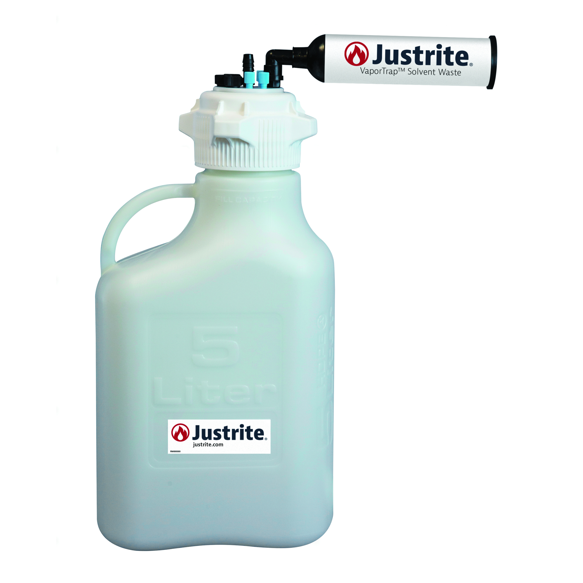 Justrite VaporTrap Carboy with Filter Kit — 5 Liters, HDPE, 83mm Cap, 4 Ports 1/8in. Tubing, 3 Ports 1/4in. Tubing, 1 Port 1/4in. or 3/8in. Hose Barb, Model# 12821